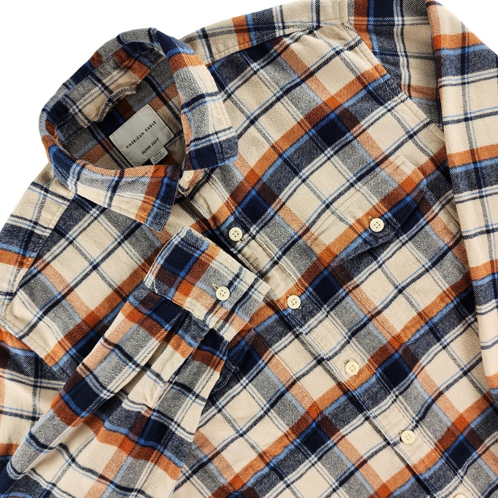 American Eagle Flannel Shirt Mens M Cream Blue Orange Plaid Regular Fit‎ Cotton